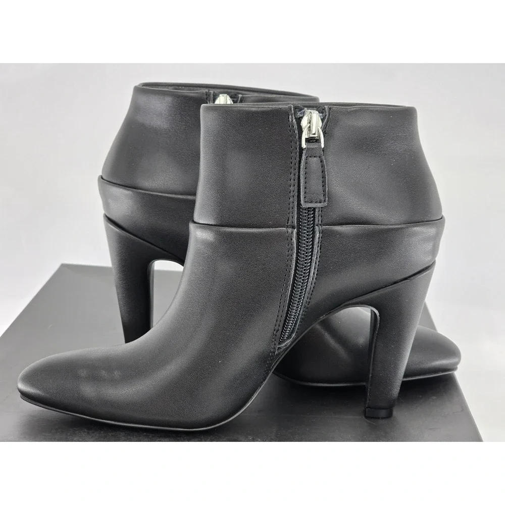 BCBG Riverlin Ankle Boots Women 5.5 Black Faux Leather Pointed Toe Heel - New
